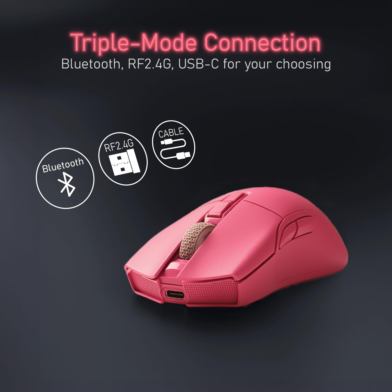 iRocks M31R Wireless Gaming Mouse, Triple Mode 2.4G/ Bluetooth/USB-C Detachable Cable Gaming Mouse, Kailh GM8.0 Mouse Switches, Advanced PixArt PAW3395 Optical Sensor, Up to 26,000 DPI - Pink