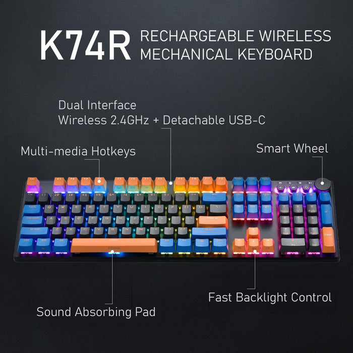 iRocks K74R Wireless RGB Rechargeable Illuminated Mechanical Gaming Keboard, Hot-Swappable Gateron Switches, Easy-to-Clean Floating Design, PBT 107 Keys NKRO, Detachable USB-C Cable - Midsummer Black