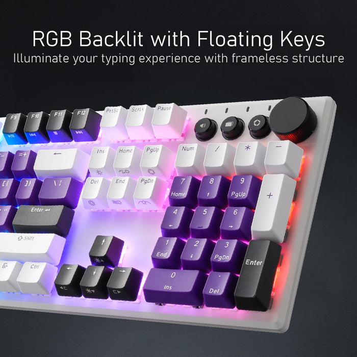 iRocks K74R Wireless RGB Rechargeable Illuminated Mechanical Gaming Keboard, Hot-Swappable Gateron Switches, Easy-to-Clean Floating Design, PBT 107 Keys NKRO, Detachable USB-C Cable - White Amethyst