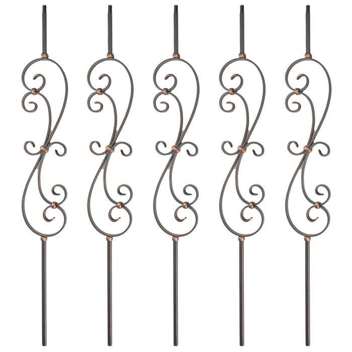 Myard Spindle Scroll 1/2 Inches Square Iron Stair Balusters, 44 Inches 5-Pack (Satin Black + Oil-Rubbed Copper)