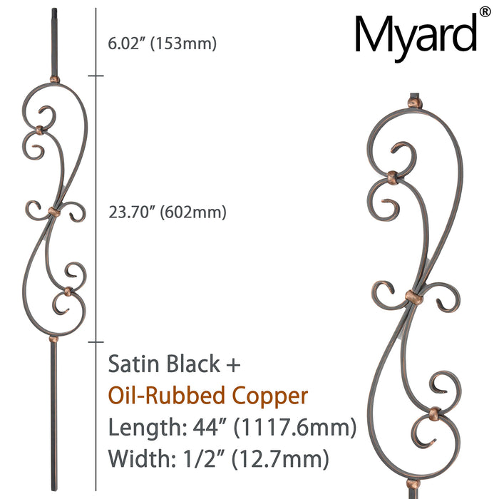 Myard Spindle Scroll 1/2 Inches Square Iron Stair Balusters, 44 Inches 5-Pack (Satin Black + Oil-Rubbed Copper)