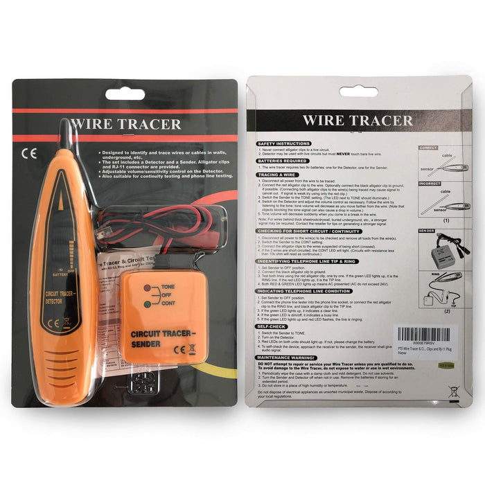 PTE™ Wire Tracer & Circuit Tester -Tone Generator & Probe Kit - Find & Trace Wires & Cables, Test Circuit Continuity, Network Telephone Line, Coaxial, Automotive - Features Alligator Clips & RJ11 Plug